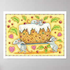 Póster Adorables ratones de Navidad llevando un postre de