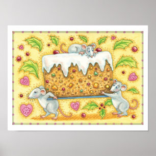 Póster Adorables ratones de Navidad llevando un postre de