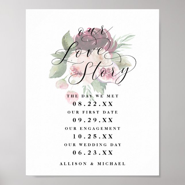 Póster Adore Floral Our Love Story Timeline Rótulo Boda (Frente)