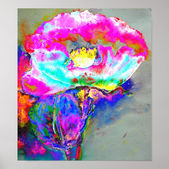 Póster Adormidera rosa, pintura floral acuarela (Frente)