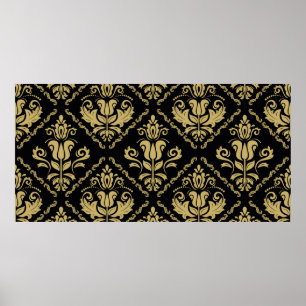 Póster Adornamento negro y dorado sin costura Damask. Tra