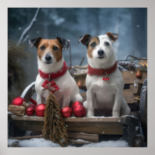 Póster Adorno de Navidad de Trineo Nevado con Jack Russel