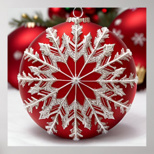 Póster Adorno de Navidad Rojo Elegante con Copo de Nieve