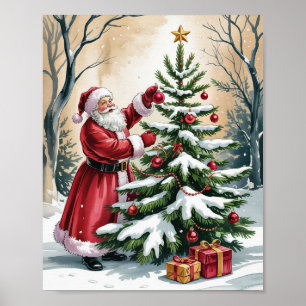 Póster Adorno vintage de Papá Noel en el árbol de Navidad