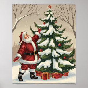 Póster Adorno vintage de Papá Noel en el árbol de Navidad