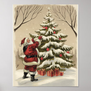 Póster Adorno vintage de Papá Noel en el árbol de Navidad