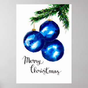 Póster Adornos de árbol de Navidad azules