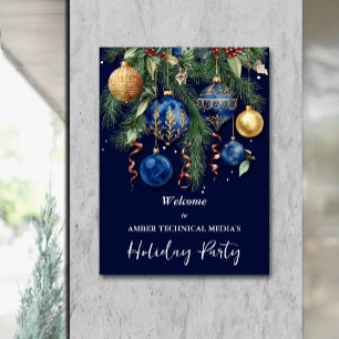 Póster Adornos de Navidad de árbol de oro y azul Fiesta d