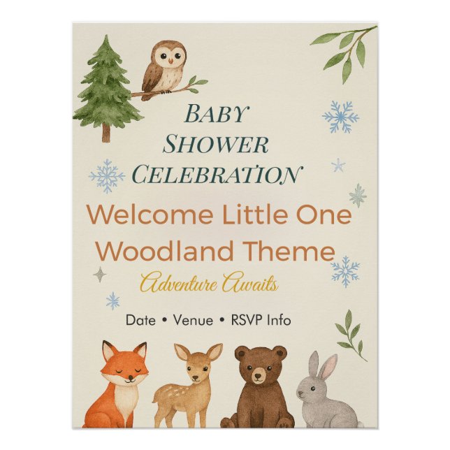 Póster Adventure Awaits Invitation Woodland Baby Shower  (Anverso)