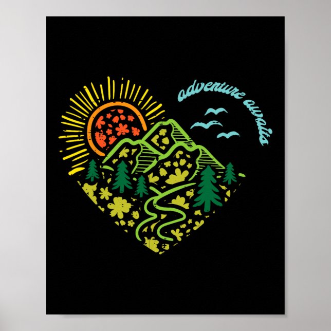 Póster Adventure Awaits Mountains Sun Camping Hiking Wome (Frente)