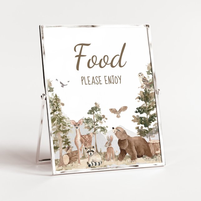 Póster Adventure Awath Woodland Animals Baby Shower Food (Woodland Animals Adventure Awaits Baby Shower Food Sign)