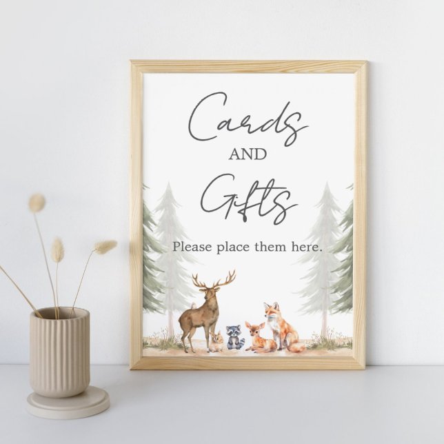 Póster Adventure Begin Baby Shower Cards and Gifts Sign (Let the Adventure Begin Woodland Baby Shower Cards and Gifts Sign)