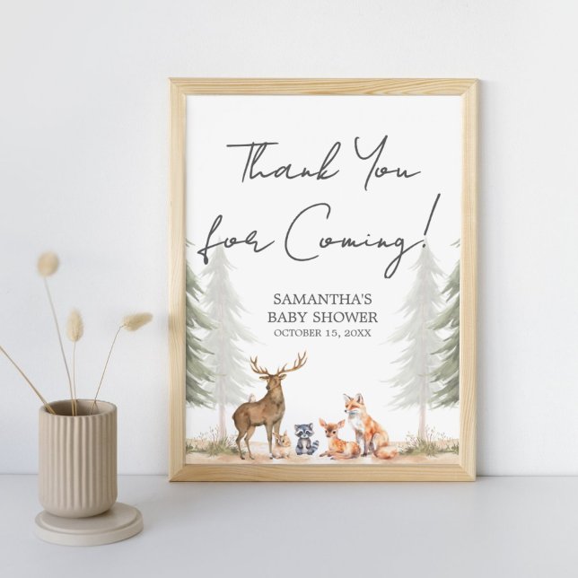Póster Adventure Begin Baby Shower Gracias Rótulo (Let the Adventure Begin Woodland Baby Shower Thank you for Coming Sign)