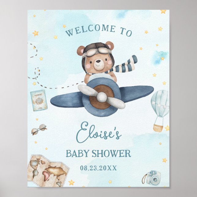 Póster Adventure Cute Bear Blue Plane Boy Baby Shower (Frente)