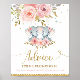 Póster Advice for Parents to Be Elephant Twin Baby Shower