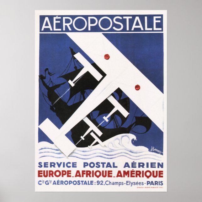 Póster AEROPOSTALE Avión viejo postal Poster Art Deco (Frente)