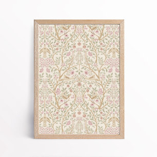 Póster Aesthetic Pink Beige Pájaros en Árboles Botánico
