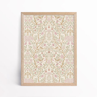 Póster Aesthetic Pink Beige Pájaros en Árboles Botánico