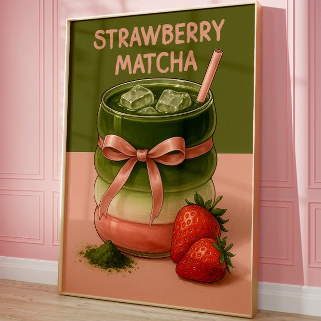Póster Aesthetic Strawberry Matcha Art Print, Food art  (Matcha Lover Poster)
