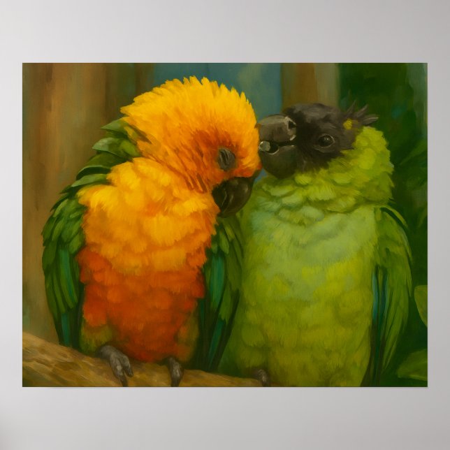 Póster Afecto tropical - loros en luz forestal (Frente)