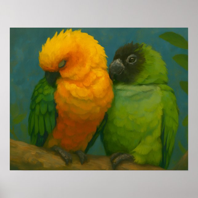 Póster Afecto tropical - loros en luz forestal (Frente)