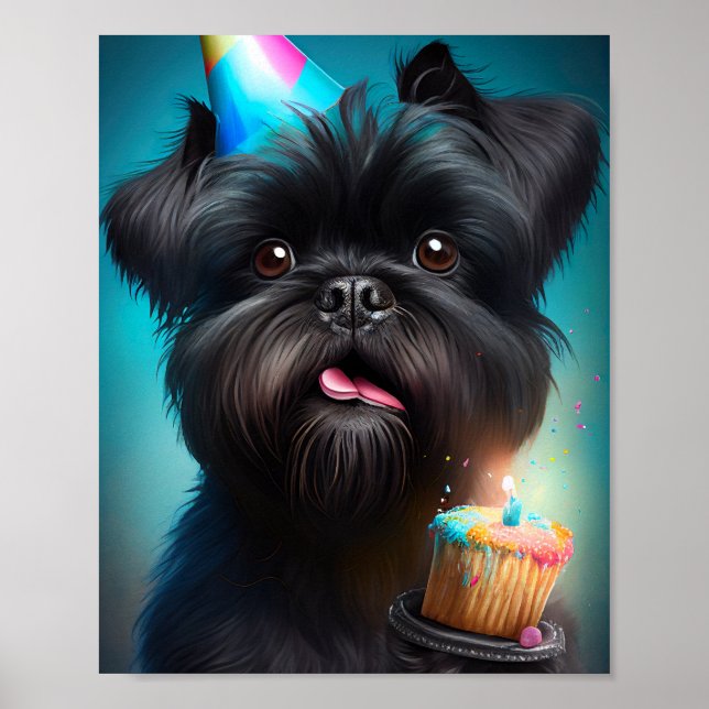 Póster Affenpinscher celebrando la tarta de los globos de (Frente)