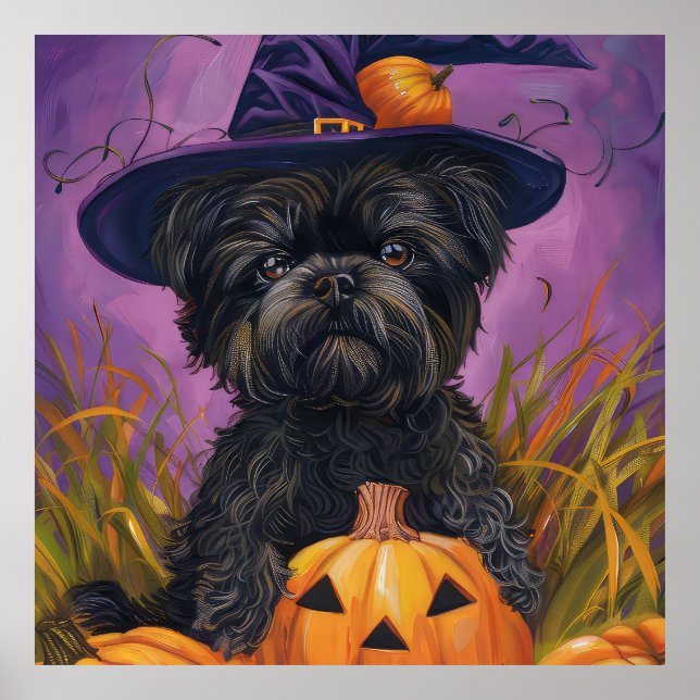Póster Affenpinscher Falloween Bruja y calabaza (Frente)