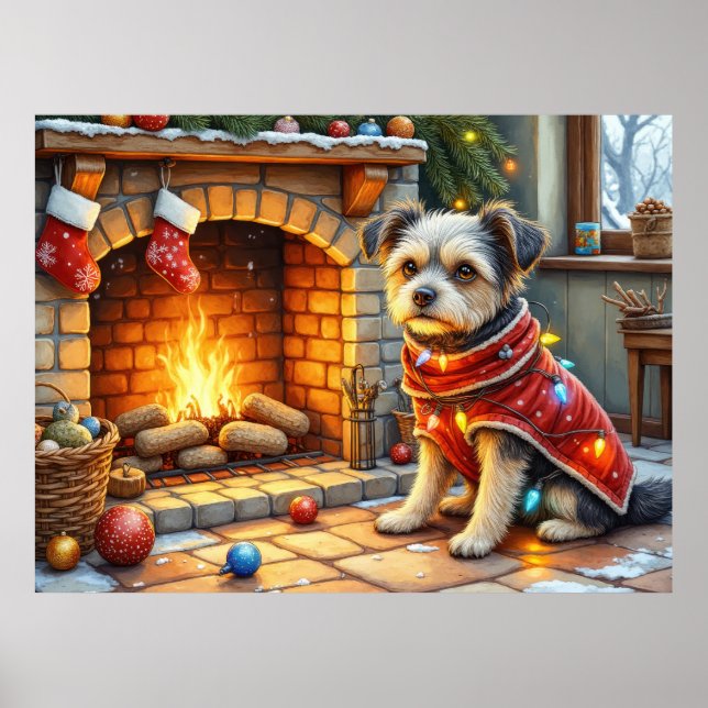 Póster Affenpinscher Sentado Chimenea Luces de Navidad (Frente)