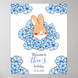 Póster Affiche anniversaire personnalisé lapin fleurs
