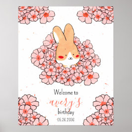 Póster Affiche anniversaire personnalisé lapin fleurs