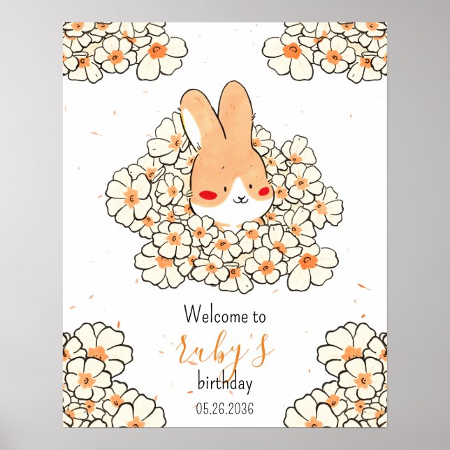 Póster Affiche anniversaire personnalisé lapin fleurs (Frente)
