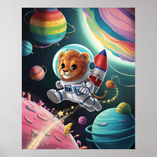 Póster Affiche Boho Illustration Lion dans l'Espace