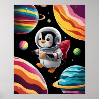 Póster Affiche Boho Pingouin dans l'Espace