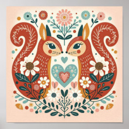 Póster Affiche illustration folk art motif « écureuils »