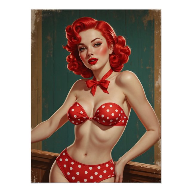 Póster Affiche Pin-Up aux cheveux rouges et bikini à pois (Anverso)
