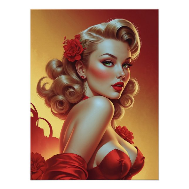 Póster Affiche Pin-Up Blonde en Robe Rouge  (Anverso)
