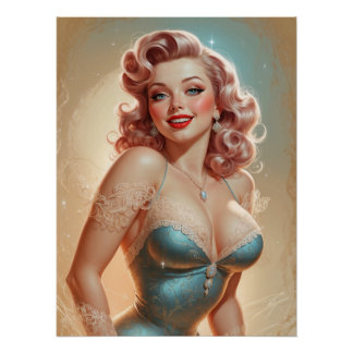 Póster Affiche Pin-Up Blonde Glamour Robe Bleue Dentelle