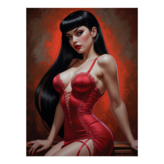 Póster Affiche Pin-up Brune Sensuelle en Robe Rouge