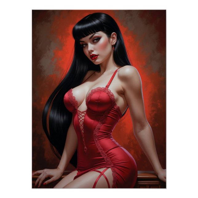 Póster Affiche Pin-up Brune Sensuelle en Robe Rouge (Anverso)