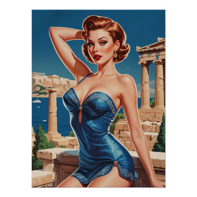Póster Affiche Pin-Up Grecque Décor Temple et Mer  (Anverso)