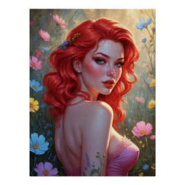 Póster Affiche Pin-Up Rousse dans un Champ de Fleurs 