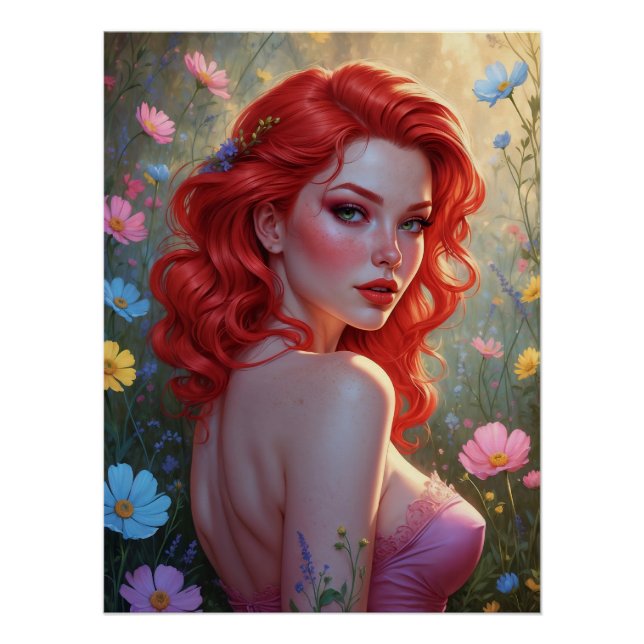 Póster Affiche Pin-Up Rousse dans un Champ de Fleurs  (Anverso)