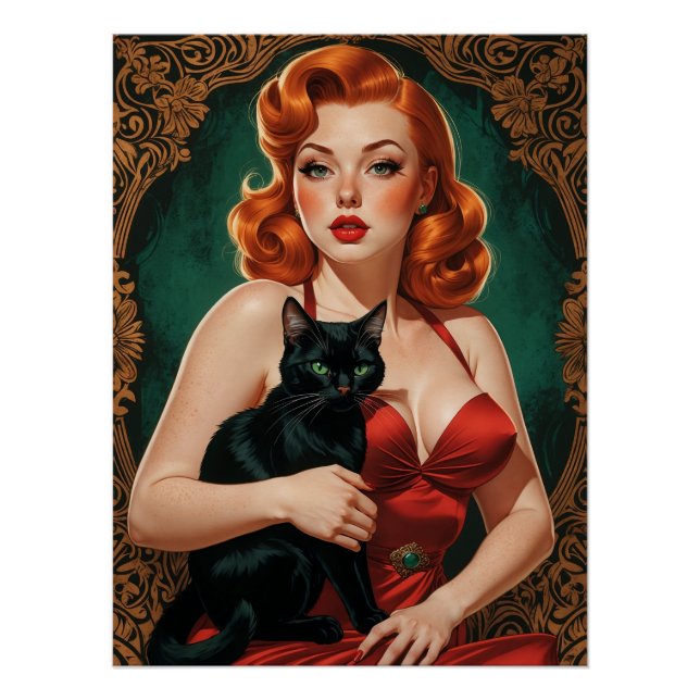 Póster Affiche Pin-up Rousse et Chat Noir (Anverso)