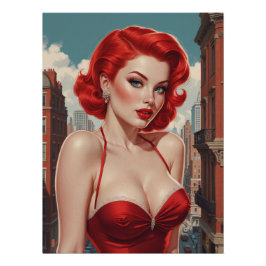Póster Affiche Pin-Up Rousse Sexy Fond Urbain