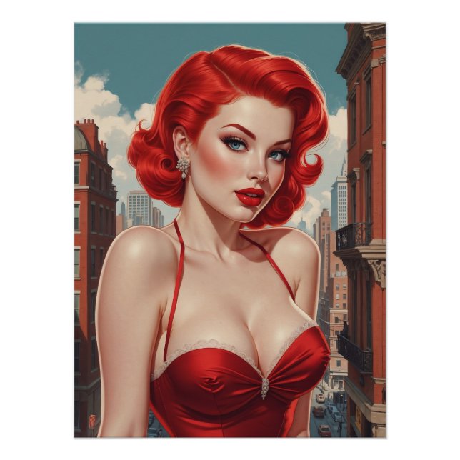 Póster Affiche Pin-Up Rousse Sexy Fond Urbain (Anverso)
