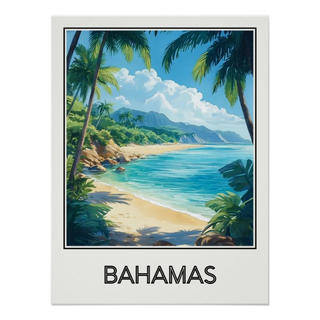 Póster Affiche vintage Bahamas, plage paradisiaque et eau (Anverso)
