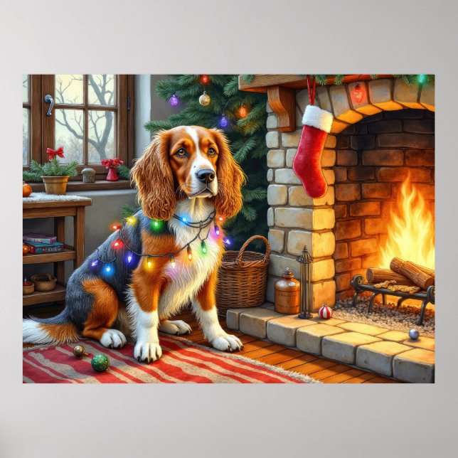 Póster Afghan Hound Fireplace with Christmas Lights (Frente)
