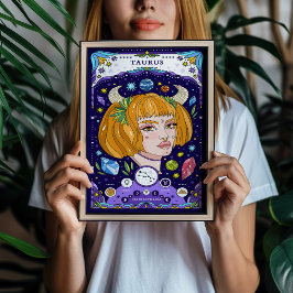 Póster Afiche azul del Rótulo Zodiac Taurus - Elegante y 