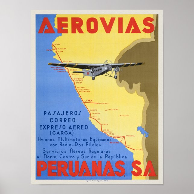 Póster Afiche de 1936 de la época de los Aerovias Peruana (Frente)