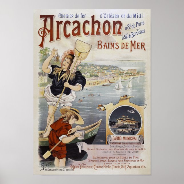 Póster Afiche de época de Arcachon France 1896 (Frente)
